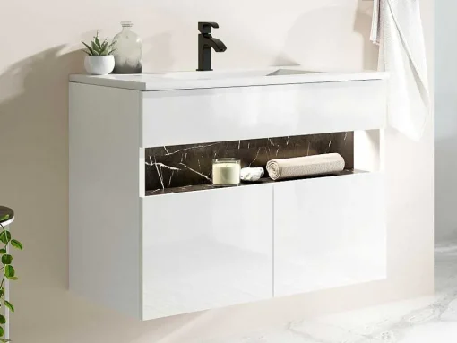 Móvel De Casa De Banho Suspenso Com Leds E Lavatório De Encastrar, Branco E Preto Efeito Marmore C80 Cm - Pozega