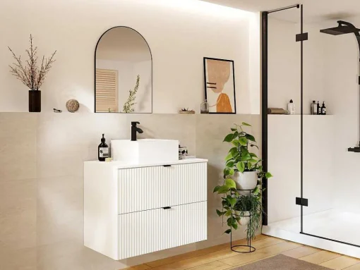 Móvel De Casa De Banho Suspenso Estriado Com Lavatório De Pousar Branco C80 Cm - Zevini
