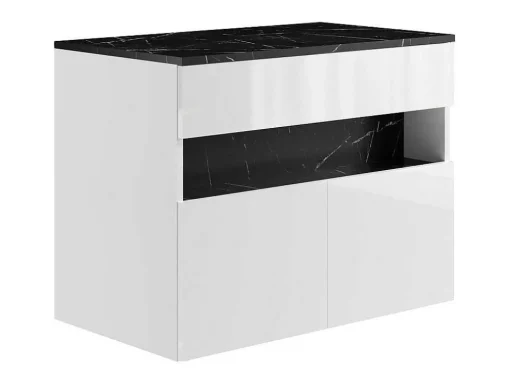 Móvel De Casa De Banho Suspenso Com Leds E Lavatório De Pousar, Branco E Preto Efeito Marmore C80 Cm - Pozega