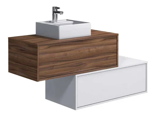 Móvel De Casa De Banho Suspenso Natural Escuro E Branco Com Lavatório Individual E Duas Gavetas 94 Cm - Teana Ii