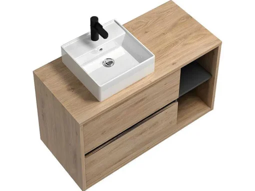 Móvel De Casa De Banho Suspenso Com Lavatório Simples E Armário De Casa De Banho Cor Natural De 100 Cm - Purnal