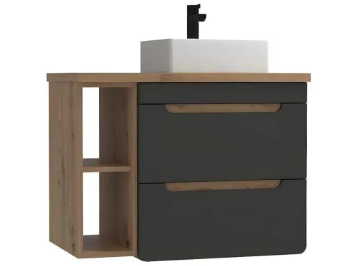 Móvel De Casa De Banho Suspenso Lavatório Simples E Nichos Cor Natural E Antracite De 80 Cm - Aruba