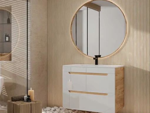 Móvel De Casa De Banho Suspenso Com Lavatório De Encastrar Cor Natural E Branca 80 Cm - Aruba