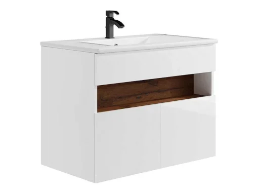 Móvel De Casa De Banho Suspenso Com Leds E Lavatório De Encastrar, Branco E Natural Escuro C80 Cm - Pozega