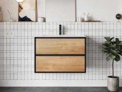 Móvel De Casa De Banho Suspenso Com Lavatório Embutido Cor Clara E Preto 80 Cm - Lannick