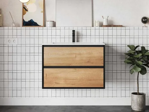Móvel De Casa De Banho Suspenso Com Lavatório Embutido Cor Clara E Preto 80 Cm - Lannick