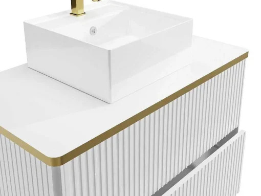 Móvel De Casa De Banho Suspenso Estriado Rebordo Dourado Com Lavatório De Pousar Branco 80 Cm - Keliza