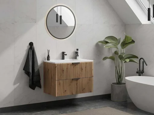 Móvel De Casa De Banho Suspenso Estriado Lavatório De Encastrar Natural Claro 80 Cm - Zevara