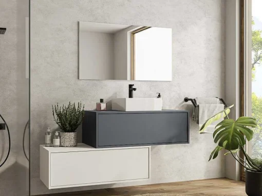 Móvel De Casa De Banho Suspenso Cinza Antracite E Branco Com Lavatório Individual E Duas Gavetas 94 Cm - Teana Ii