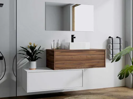 Móvel De Casa De Banho Suspenso Natural Escuro E Branco Com Lavatório Individual E Duas Gavetas 94 Cm - Teana Ii
