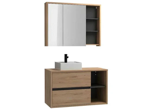 Móvel De Casa De Banho Suspenso Com Lavatório Simples E Armário De Casa De Banho Cor Natural De 100 Cm - Purnal