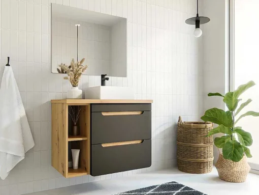Móvel De Casa De Banho Suspenso Lavatório Simples E Nichos Cor Natural E Antracite De 80 Cm - Aruba