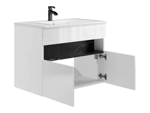 Móvel De Casa De Banho Suspenso Com Leds E Lavatório De Encastrar, Branco E Preto Efeito Marmore C80 Cm - Pozega