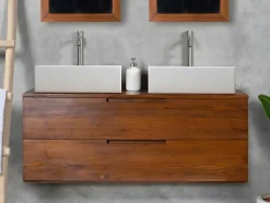 Móvel De Casa De Banho Suspenso Em Teca Escura Com Lavatório Duplo Com 2 Gavetas De 115 Cm - Bimbing