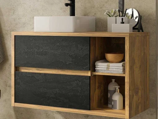 Móvel De Casa De Banho Suspenso Lavatório Simples Cor Natural E Antracite De 100 Cm - Tikitiki