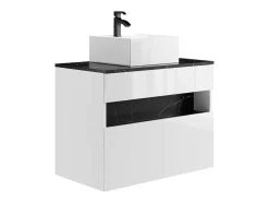 Móvel De Casa De Banho Suspenso Com Leds E Lavatório De Pousar, Branco E Preto Efeito Marmore C80 Cm - Pozega
