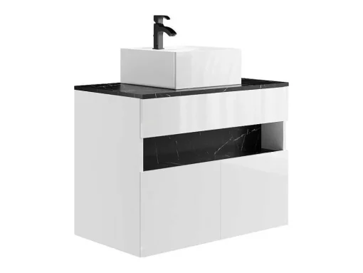 Móvel De Casa De Banho Suspenso Com Leds E Lavatório De Pousar, Branco E Preto Efeito Marmore C80 Cm - Pozega