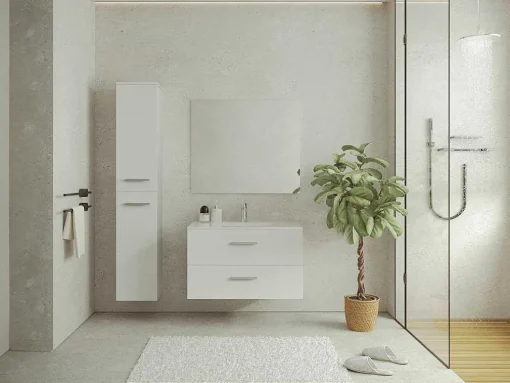 Móvel De Casa De Banho Suspenso Lavatório Individual Com Coluna De Arrumação Branco 80 Cm - Kayla