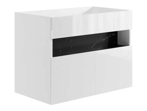 Móvel De Casa De Banho Suspenso Com Leds E Lavatório De Encastrar, Branco E Preto Efeito Marmore C80 Cm - Pozega