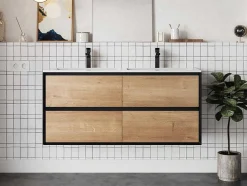 Móvel De Casa De Banho Suspenso Com Lavatório Embutido Cor Natural Clara E Preto 120 Cm - Lannick