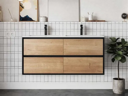Móvel De Casa De Banho Suspenso Com Lavatório Embutido Cor Natural Clara E Preto 120 Cm - Lannick