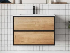 Móvel De Casa De Banho Suspenso Com Lavatório Embutido Cor Clara E Preto 80 Cm - Lannick