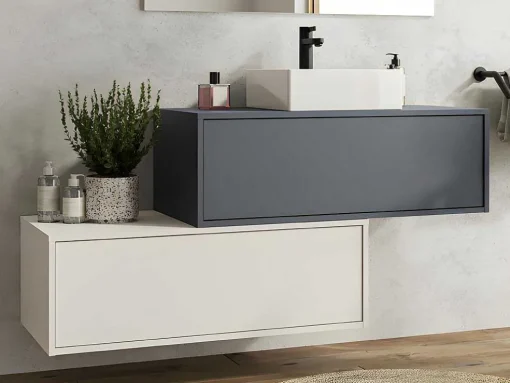 Móvel De Casa De Banho Suspenso Cinza Antracite E Branco Com Lavatório Individual E Duas Gavetas 94 Cm - Teana Ii