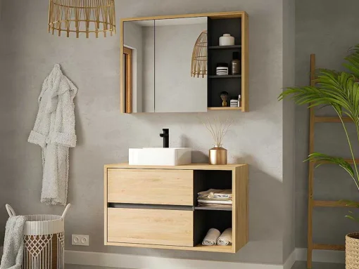 Móvel De Casa De Banho Suspenso Com Lavatório Simples E Armário De Casa De Banho Cor Natural De 100 Cm - Purnal