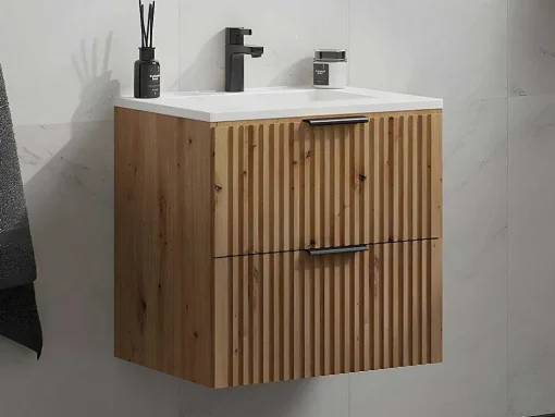 Móvel De Casa De Banho Suspenso Estriado Com Lavatório Embutido, Natural Claro, L60 Cm - Zevara