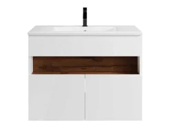 Móvel De Casa De Banho Suspenso Com Leds E Lavatório De Encastrar, Branco E Natural Escuro C80 Cm - Pozega