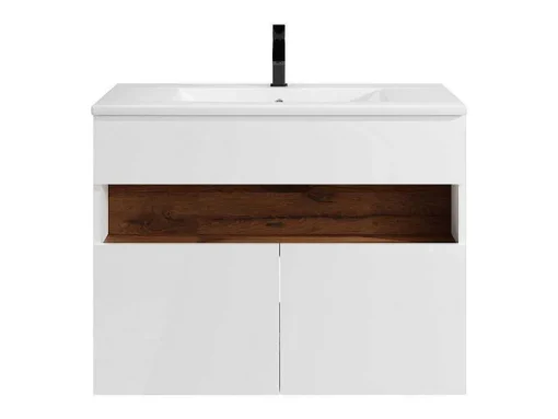 Móvel De Casa De Banho Suspenso Com Leds E Lavatório De Encastrar, Branco E Natural Escuro C80 Cm - Pozega