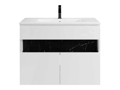 Móvel De Casa De Banho Suspenso Com Leds E Lavatório De Encastrar, Branco E Preto Efeito Marmore C80 Cm - Pozega