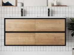 Móvel De Casa De Banho Suspenso Com Lavatório Embutido Cor Natural Clara E Preto 120 Cm - Lannick