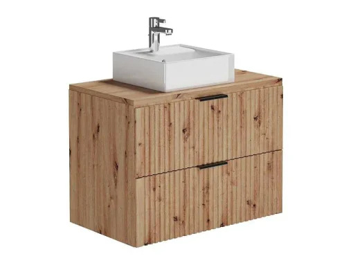 Móvel De Casa De Banho Suspenso Estriado Com Lavatório De Pousar, Natural Claro, L80 Cm - Zevara