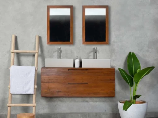 Móvel De Casa De Banho Suspenso Em Teca Escura Com Lavatório Duplo Com 2 Gavetas De 115 Cm - Bimbing