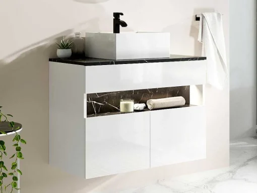 Móvel De Casa De Banho Suspenso Com Leds E Lavatório De Pousar, Branco E Preto Efeito Marmore C80 Cm - Pozega