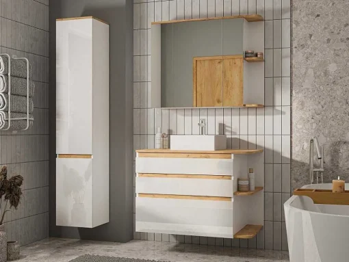 Móvel De Casa De Banho Suspenso Cor Madeira E Branco Com Lavatório Individual, Coluna E Armário De Casa De Banho 94 Cm - Anida