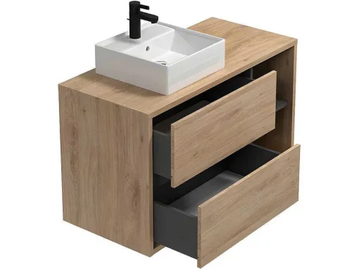 Móvel De Casa De Banho Suspenso Com Lavatório Simples E Armário De Casa De Banho Cor Natural De 100 Cm - Purnal