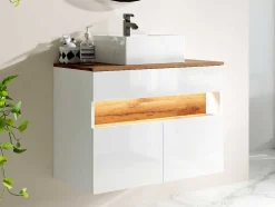 Móvel De Casa De Banho Suspenso Com Leds E Lavatório De Pousar, Branco E Natural Escuro C80 Cm - Pozega