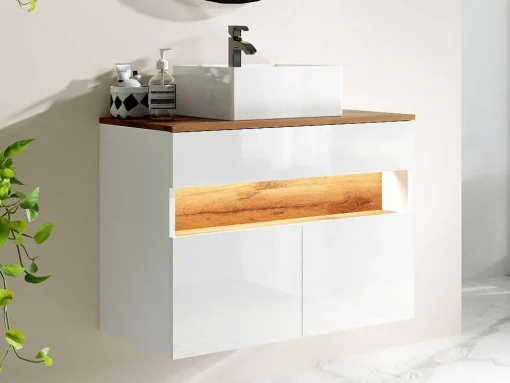 Móvel De Casa De Banho Suspenso Com Leds E Lavatório De Pousar, Branco E Natural Escuro C80 Cm - Pozega