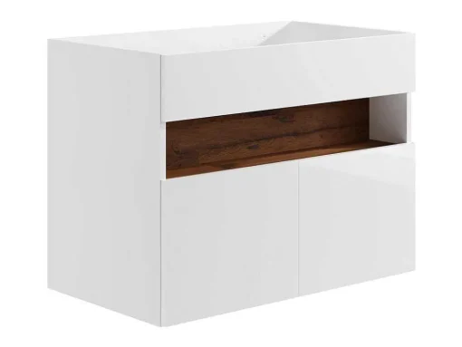 Móvel De Casa De Banho Suspenso Com Leds E Lavatório De Encastrar, Branco E Natural Escuro C80 Cm - Pozega
