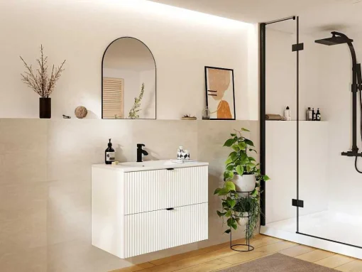 Móvel De Casa De Banho Suspenso Estriado Com Lavatório De Encastrar Branco C80 Cm - Zevini
