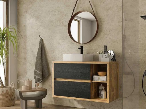 Móvel De Casa De Banho Suspenso Lavatório Simples Cor Natural E Antracite De 100 Cm - Tikitiki