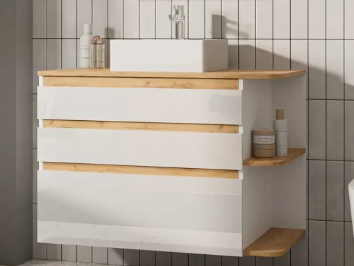 Móvel De Casa De Banho Suspenso Com Lavatório Individual Cor Natural Clara E Branca Com 94 Cm - Anida