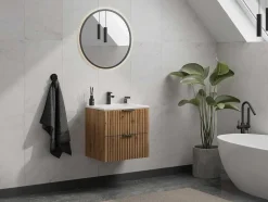 Móvel De Casa De Banho Suspenso Estriado Com Lavatório Embutido, Natural Claro, L60 Cm - Zevara
