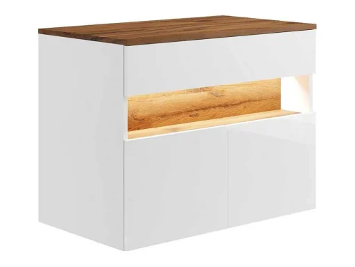 Móvel De Casa De Banho Suspenso Com Leds E Lavatório De Pousar, Branco E Natural Escuro C80 Cm - Pozega
