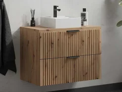 Móvel De Casa De Banho Suspenso Estriado Com Lavatório De Pousar, Natural Claro, L80 Cm - Zevara