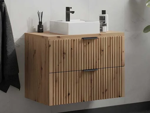 Móvel De Casa De Banho Suspenso Estriado Com Lavatório De Pousar, Natural Claro, L80 Cm - Zevara