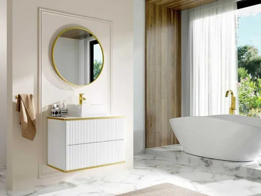 Móvel De Casa De Banho Suspenso Estriado Rebordo Dourado Com Lavatório De Pousar Branco 80 Cm - Keliza