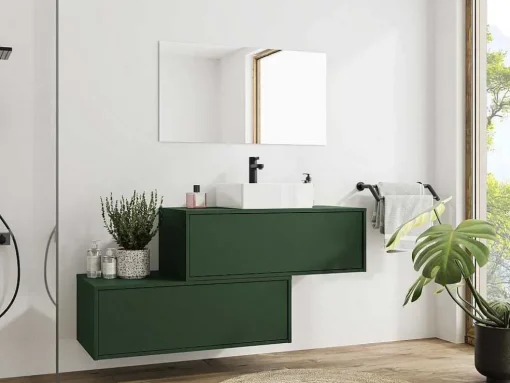 Móvel De Casa De Banho Suspenso Verde Mate Com Lavatório Individual E Duas Gavetas 94 Cm - Teana Ii